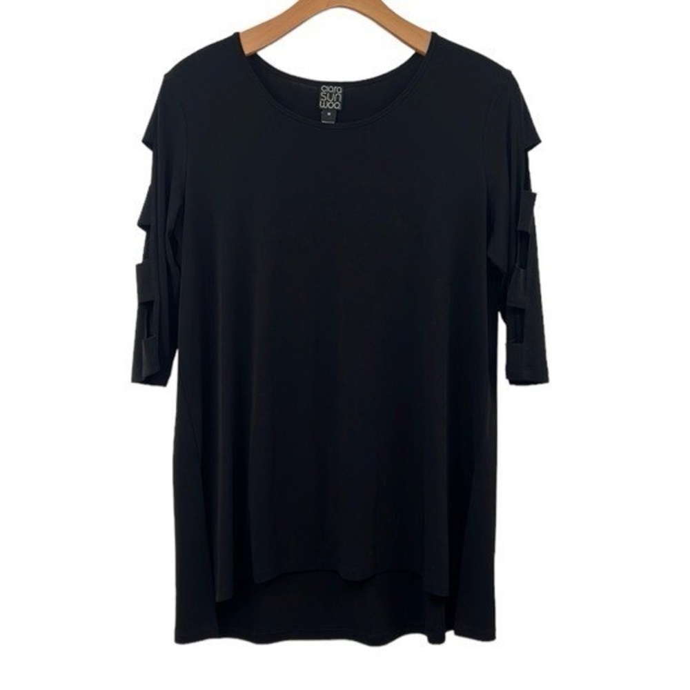 Ciara Sun Woo black long tunic top with square cutoff sleeve large NWT